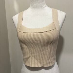 House of Harlow 1960 Size LARGE Wide Criss Cross Strap Tan Ribbed Knit Crop Top